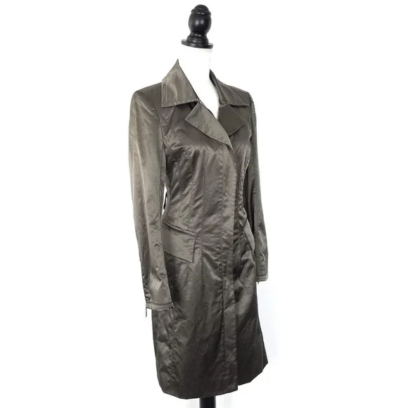 Marc Cain Olive Green Satin Trench Jacket Zip Front Luxury Designer Size 2